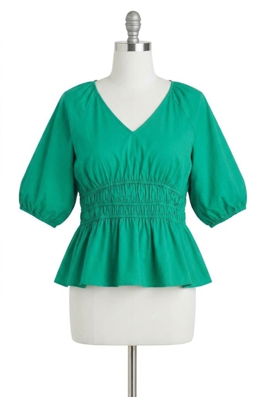 NEW SHE + SKY women's half bubble sleeve v neck woven top in green
